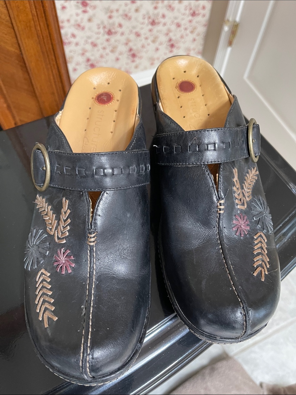 SoftWalk Black Leather Embroidered Clog Mules